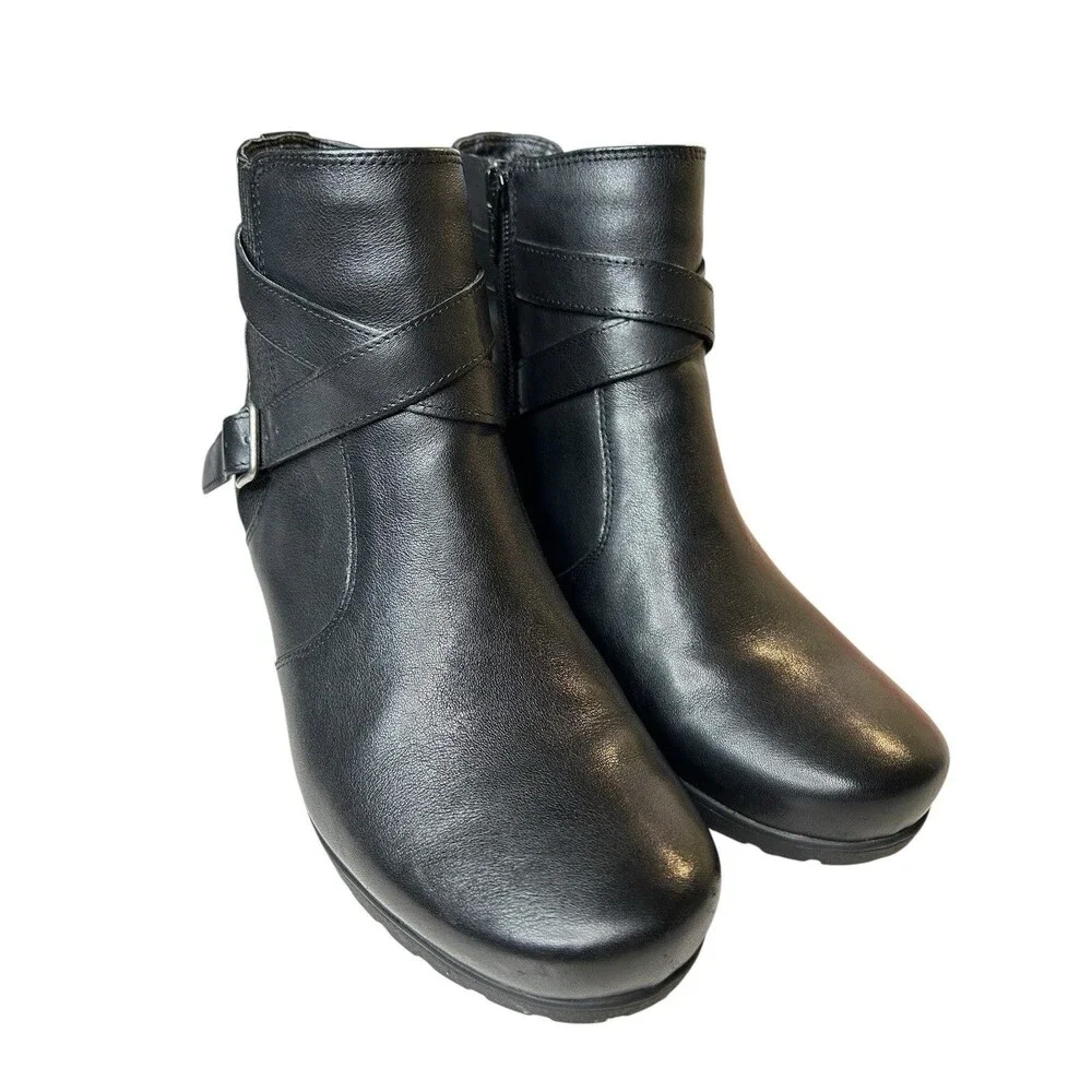 ABEO Black Leather Ankle Boots Women's 8.5 Geranium Wedge Heel Buckle Moto